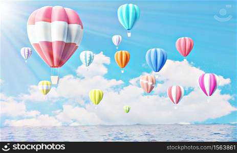 Colorful hot air balloons rising above serene the ocean seascape with blue sky background. Beautiful sun light Hot air balloon over the sea and white clouds. 3d rendering. illustration digital