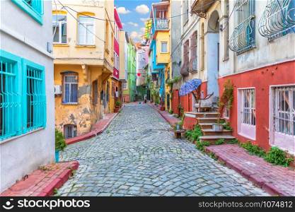 Colorful houses in Istanbul street, Fener area.. Colorful houses in Istanbul street, Fener area