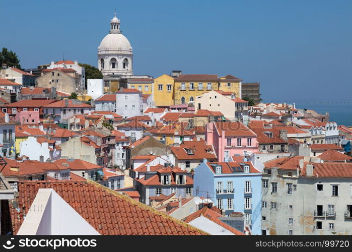 Colorful Houses in Lisbona and Dome of National Pantheon of Santa Engracia - Portugal