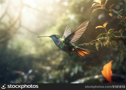 Colorful hummingbird flying in a natural garden habitat, surrounded by greenery and vibrant flowers in the wild of Costa Rica. AI Generative.