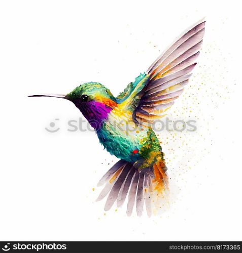 Colorful hummingbird hovering. Watercolor and pointillism style illustration created with the help of Generative AI Technology.