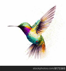 Colorful hummingbird hovering. Watercolor and pointillism style illustration created with the help of Generative AI Technology.