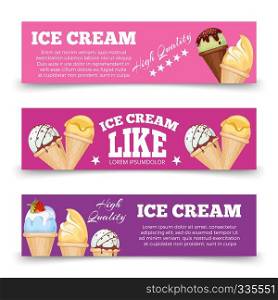Colorful ice cream banners template set. Ice cream sweet food banner card, vector illustration. Colorful ice cream banners template set