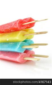 colorful ice cream pops on a white background, close up