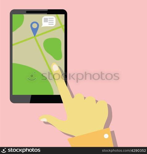 colorful illustration with Hand holding mobile phone on a pink background