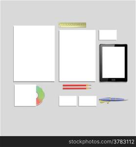 colorful illustration with office supplies on a gray background for your design