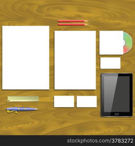 colorful illustration with office supplies on a wood background for your design