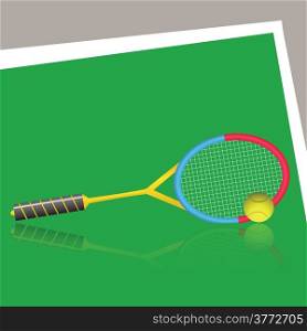 colorful illustration with tennis racket and ball on a green background