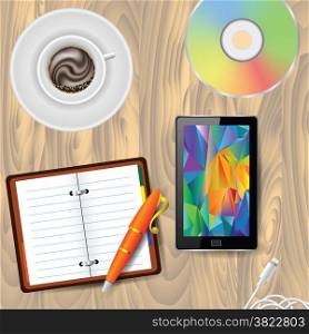 colorful illustration work place with cup of coffee, smart phone on wood background