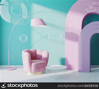 Colorful interior in pink and blue tones, soap bibbles, 3d rendering