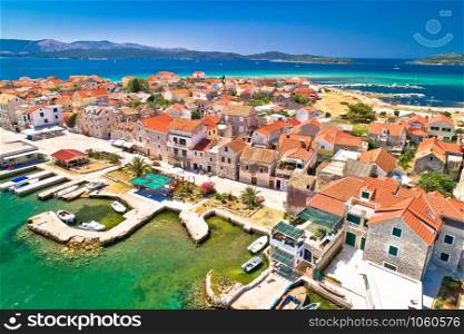Colorful Island of Krapanj aerial panoramic view, sea sponge harvesting village, Sibenik archipelago of Croatia