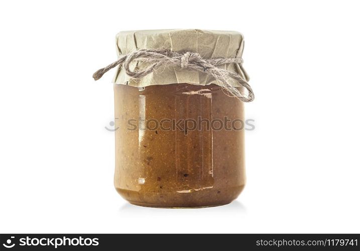 Colorful jams in glass jars isolated on white background.