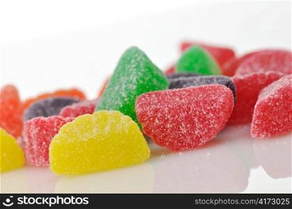 colorful Jelly candies on a white background, close up