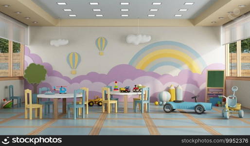 Colorful kindergarten class without childs ,school desk,chair,toy and decoration on background wall- 3d rendering. kindergarten class without childs - 3d rendering