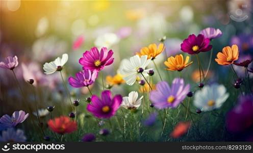 Colorful landscape full of flowers for the arrival of spring. Ge≠rative AI