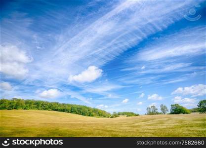 Colorful landscape in a rural environment under a dramatic blue sky in the summer