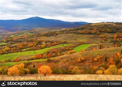 Colorful landscape, trees and fields, mountains in background, autumn scene, Carpathian mountains, Ukraine