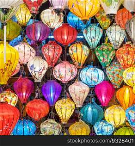 Colorful lanterns at night market in Hoi An ancient town in central Vietnam, landmark and popular for tourist attractions. Vietnam and Southeast Asia travel concept