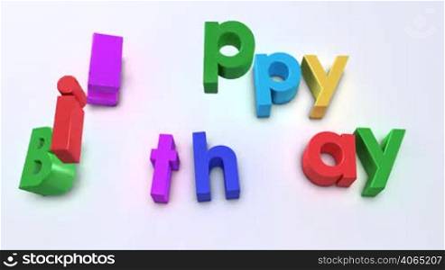 "Colorful letter falling down on neutral background to compose "Happy Birthday""