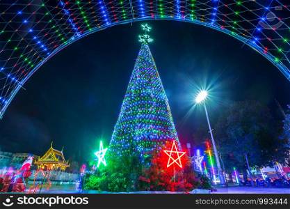 Colorful light of Christmas tree and happy new year in the New Year 2019 in Phitsanulok, Thailand.