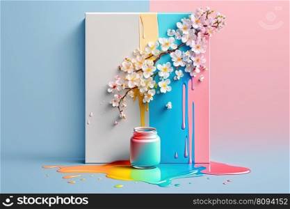 Colorful liquid paint and cherry blossom over white canvas and paint can on blue background. Abstract paint texture background, copy space. AI. Colorful liquid paint and cherry blossom over white canvas and paint can on blue background. AI