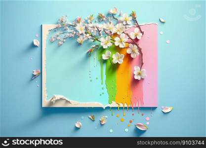 Colorful liquid paint and cherry blossom over white canvas on blue background. Abstract paint texture background, copy space. AI. Colorful liquid paint and cherry blossom over white canvas on blue background. AI