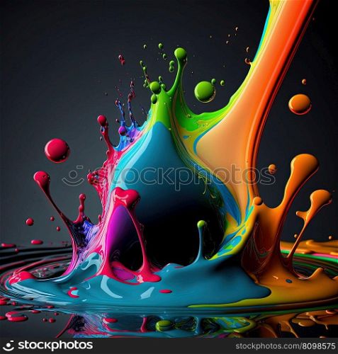 Colorful liquid paint splash on dark background. Abstract paint texture background. AI. Colorful liquid paint splash on dark background. AI