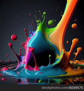 Colorful liquid paint splash on dark background. Abstract paint texture background. AI. Colorful liquid paint splash on dark background. AI