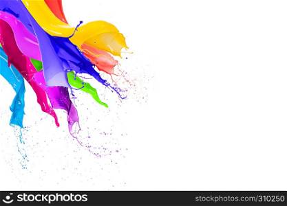 Colorful liquid paint splashes different colors on white background
