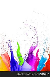 Colorful liquid paint splashes different colors on white background