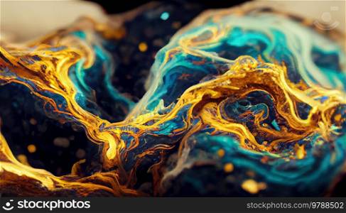Colorful liquid paint with teal golden veins. Colorful vintage organic bacground