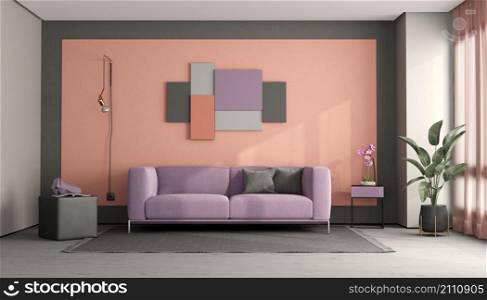 Colorful living room with modern purple sofa, lamp and decor frame on wall - 3d rendering. Colorful living room with modern sofa