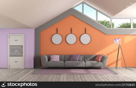 Colorful living room with modern sofa, front door, large window and pitched roof - 3d rendering. Colorful living room with front door and pitched roof