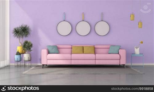 Colorful living room with pink modern sofa against purple wall - 3d rendering. Colorful living room with pink modern sofa