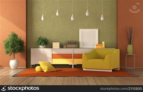 Colorful living room with yellow armchair on carpet and sideboard on background - 3d rendering. Colorful living room with sideboard and modern armchair