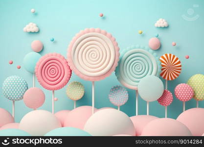 Colorful lollipops and clouds, illustration,  background, generative AI.