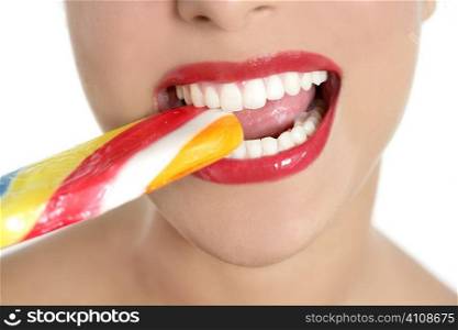 Colorful Lollypop in perfect woman teeth and red lips mouth