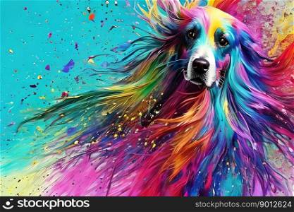 Colorful long-hair dog among splashes of paint. Generative AI