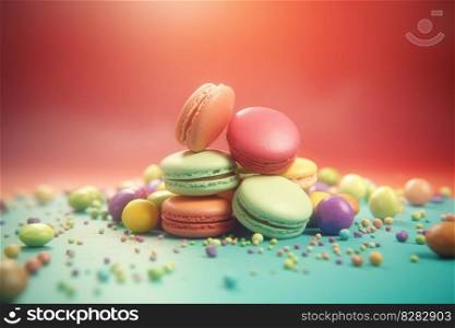 Colorful macarons pyramid. Sweet pastry. Generate Ai. Colorful macarons pyramid. Generate Ai