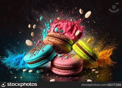 Colorful macarons with bright sugar powder explosion moment on black background. Neural network AI generated art. Colorful macarons with sugar powder explosion moment on black background. Neural network generated art