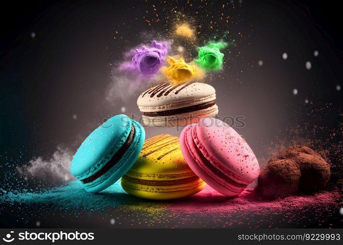 Colorful macarons with bright sugar powder explosion moment on black background. Neural network AI generated art. Colorful macarons with sugar powder explosion moment on black background. Neural network generated art
