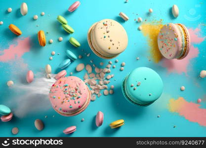 Colorful macarons with bright sugar powder explosion moment on blue background. Neural network AI generated art. Colorful macarons with sugar powder explosion moment on blue background. Neural network generated art