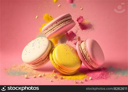 Colorful macarons with bright sugar powder explosion moment on pink background. Neural network AI generated art. Colorful macarons with sugar powder explosion moment on pink background. Neural network generated art