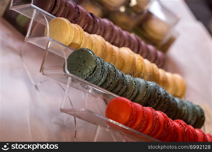 Colorful Macaroons on a market stall