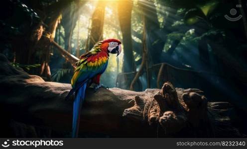 Colorful Macaw bird in forest background. ai generated.