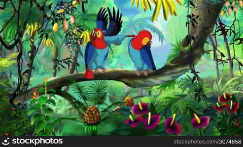 Colorful Macaw Parrots sitting on a bench. Handmade animation in UHD.