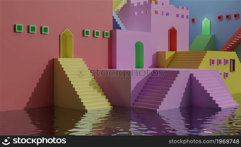 Colorful mansion with staircase and doors display mockup pedestal showcase podium stage kids game with water surface for product presentation 3D rendering illustration