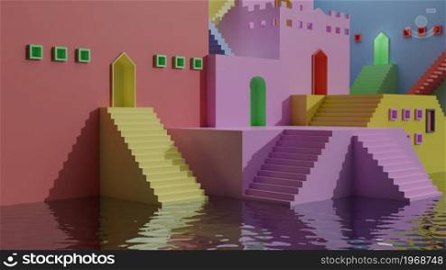 Colorful mansion with staircase and doors display mockup pedestal showcase podium stage kids game with water surface for product presentation 3D rendering illustration