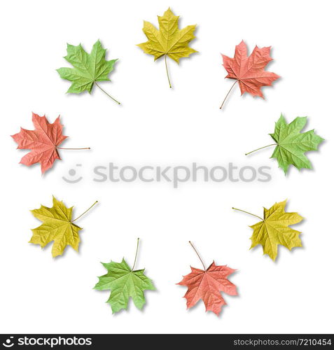 Colorful Maple leaves organized in round frame with copy space. Fall background.. Maple leaves organized in round frame with copy space. Fall background.