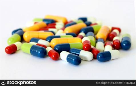Colorful medical drugs pills vitamins capsules closeup. Colorful drugs pills capsules